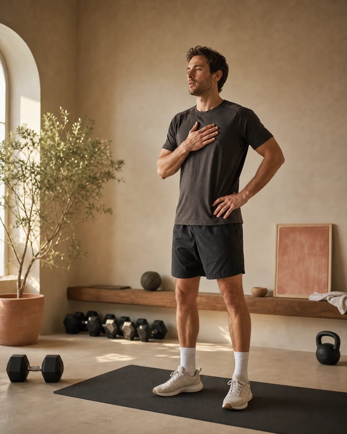 hero image: person mid-workout, warm light